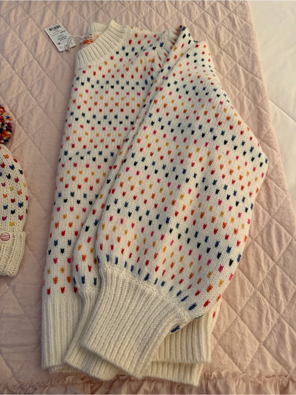 NWT Marine Layer Cream Women’s Sweater & Pom Hat with Multi-Color Heart Dots - Picture 4 of 4